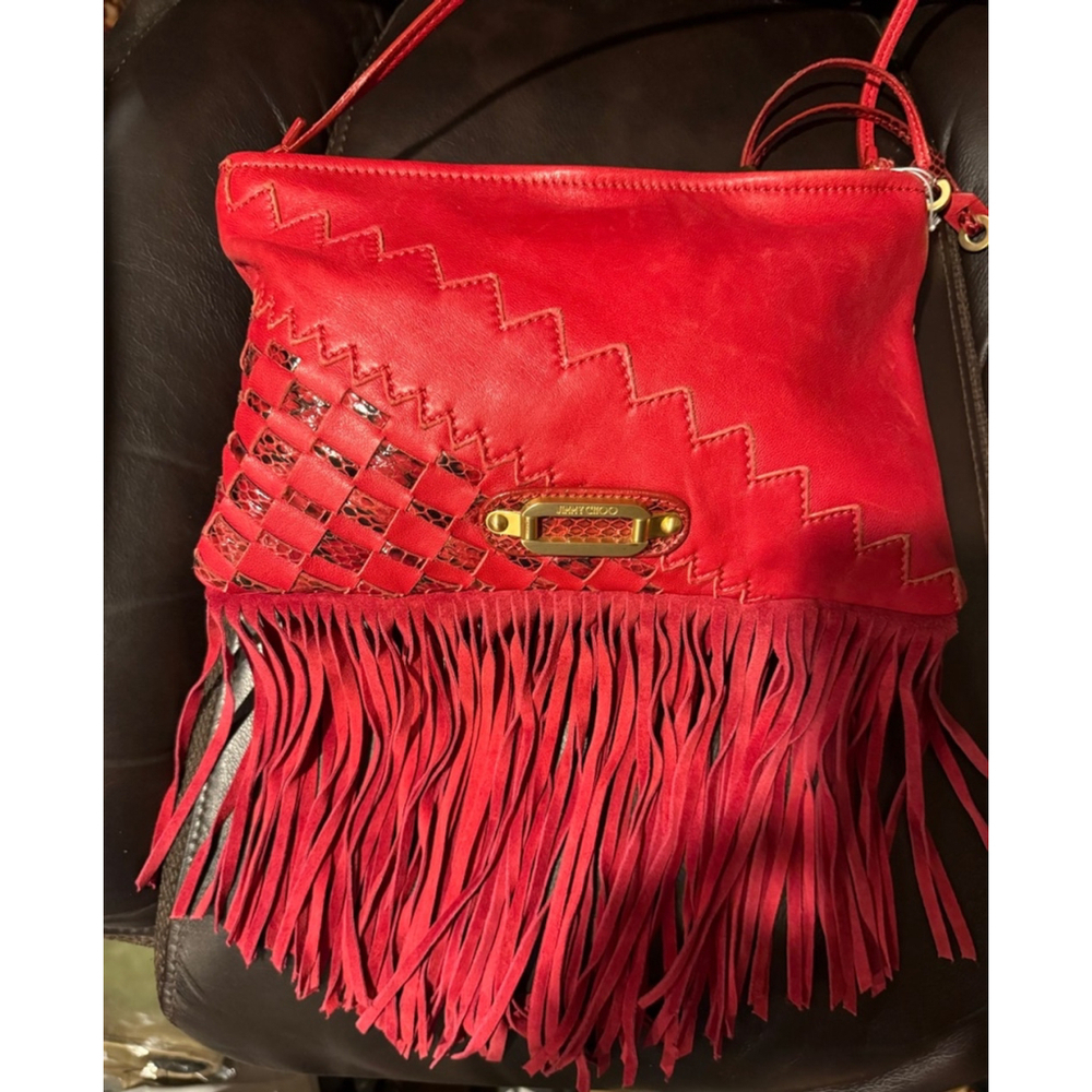 Jimmy Choo Tita Red Snakeskin Woven Fringe Crossbody/Clutch RARE